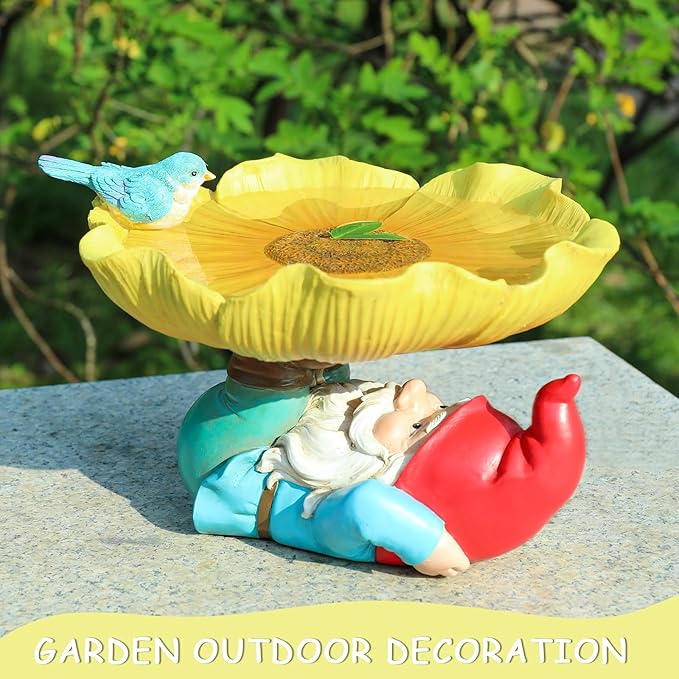 MUMTOP Bird Baths for Outdoors, Outdoor Garden Birdbath Bowl Resin Sunflower Bird Baths and Feeder with Funny Gnome for Outside Yard Table Decor