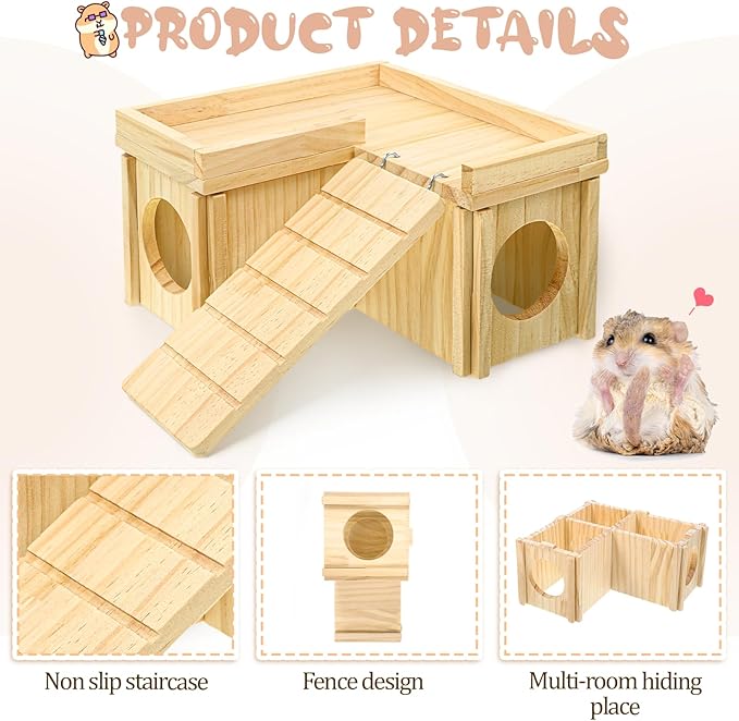 Wooden Hamster Hideout, Multi-Chamber Hamster House Maze, Hamsters Secret Peep Shed, Gerbils Chamber Hut with Ladder, Detachable Small Animals Cage Accessories for Small Animal