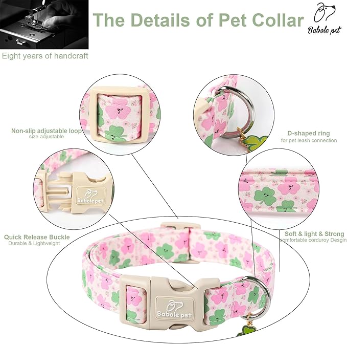 St Patricks Day Dog Collar for Giant Large Dogs - Cute Light Pink Shamrock Girl Dog Collars, Adjustable Irish Clover Puppy Collar with Quick Release Buckle XL