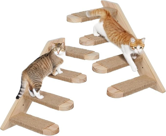 2 Pack 4 Steps Cat Wall Shelves, Wood Wall Mounted Stairs with Sisal Rope, Cat Climber/Ladder Furniture Climbing Shelves for Pet Perch & Play