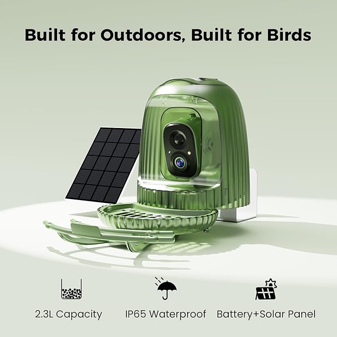 HIXX Smart Bird Feeder with Camera, AI Bird Identifier & 4MP Color Night Vision, Exclusive Vertical View Mode, Squirrel-Deterrent Design, Solar Light for Nature Lovers (Soft White)