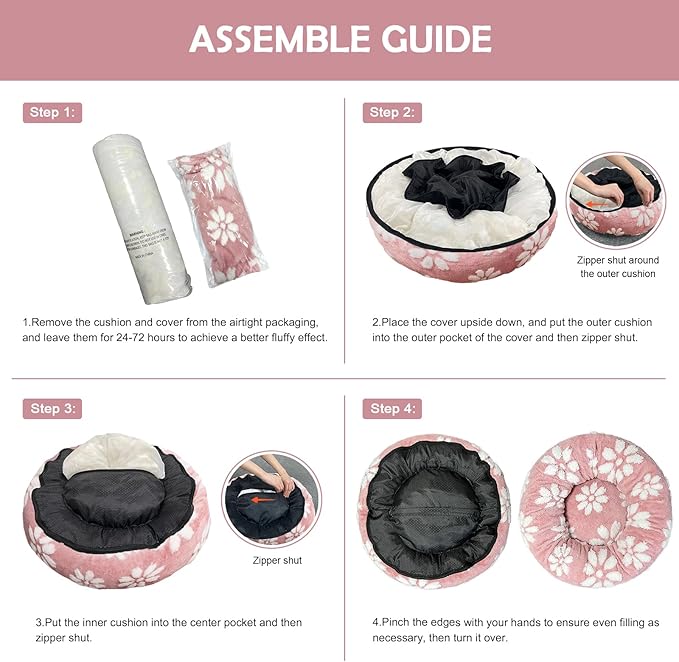 Donut Dog Beds for Small Dogs, Calming Round Cat Beds for Indoor Cats, Cute 3D Textured Flower Pet Bed with Removable Washable Cover and Anti-Slip Bottom（Pink，20"）