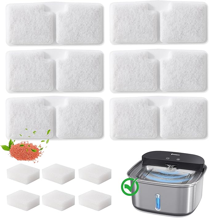 6 Pack Cat Water Fountain Filters, Replacement Filters Compatible for 128oz/3.78L Wireless Stainless Steel Pet Water Dispenser, 6 Filters + 6 Sponges