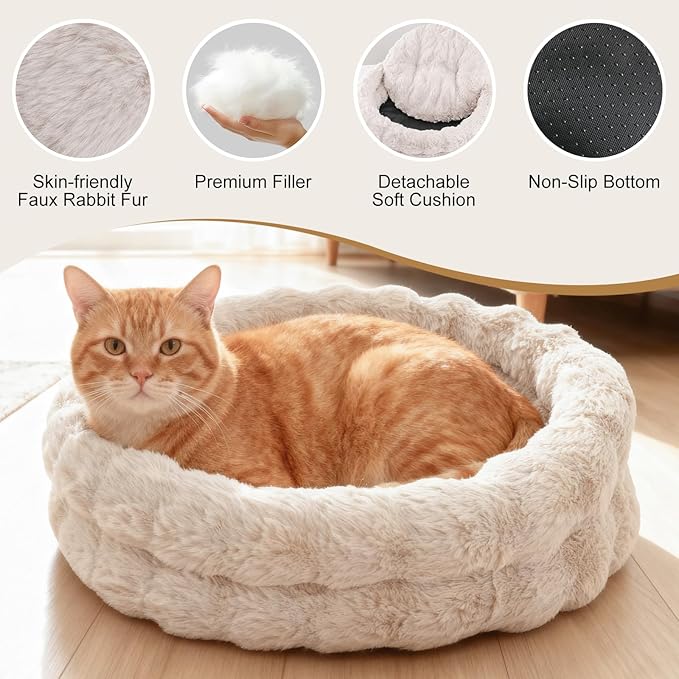 Cat Beds for Indoor Cats, Washable Round Beds for Small Dog and Cats, Soft Plush Faux Fur Removable Pet Bed for Puppy and Kitten, 24"x24"x7"