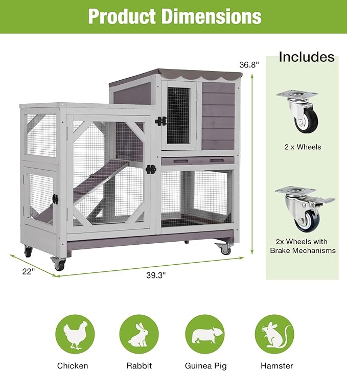 GUTINNEEN Duplex Rabbit Hutch Indoor with Chew-Proof Frame & 2 Leak-Proof Sliding Trays, Rain Cover, Wooden Guinea Pig Cages with Wheels - Grey