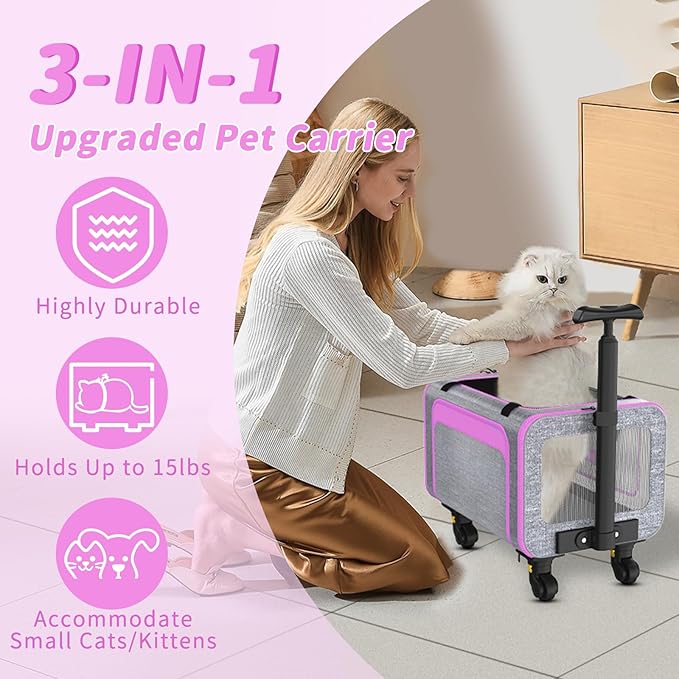 Pet Carrier with Detachable Wheels, TSA Airline Approved Rolling Cat Carrier for Small Dogs and Cats up to 15Lbs, Sturdy Frame & Smooth 360° Wheels for Travel & Vet - 18" L x 11" W x 11"