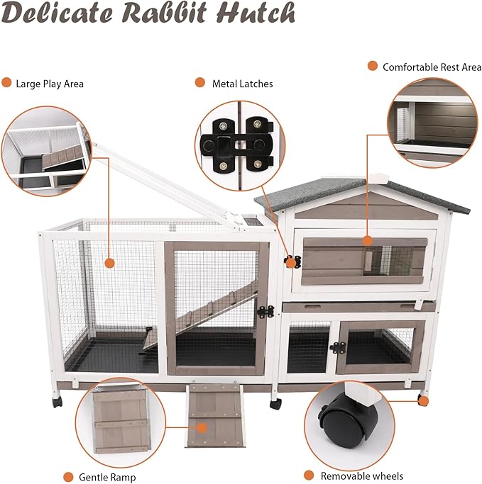 Rabbit Hutch Indoor Outdoor 2 Story Bunny Cage with 3 No Leak Trays,55.31" L Guinea Pig Cages Rabbit Cage with 6 Wheels for Guinea Pig,Rabbit for Rabbit Lover|Pet Lover(White/Grey)