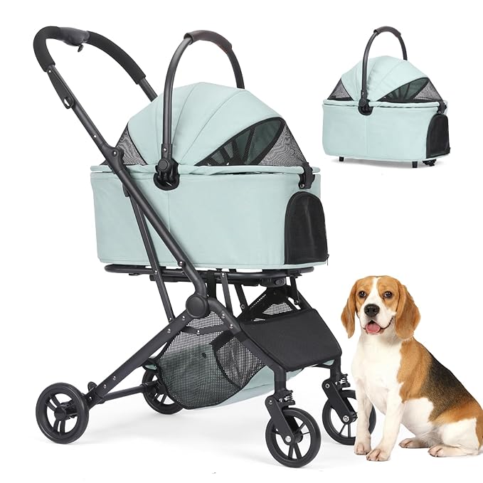 Wdyvko 3 in 1 Dog Stroller, Upgraded Frame, Up to 44lbs Pet Stroller with Dog Poop Bags & Dispenser, Zipperless Entry, Storage Basket & Pouch for Small Dogs Cats (Teal Blue)