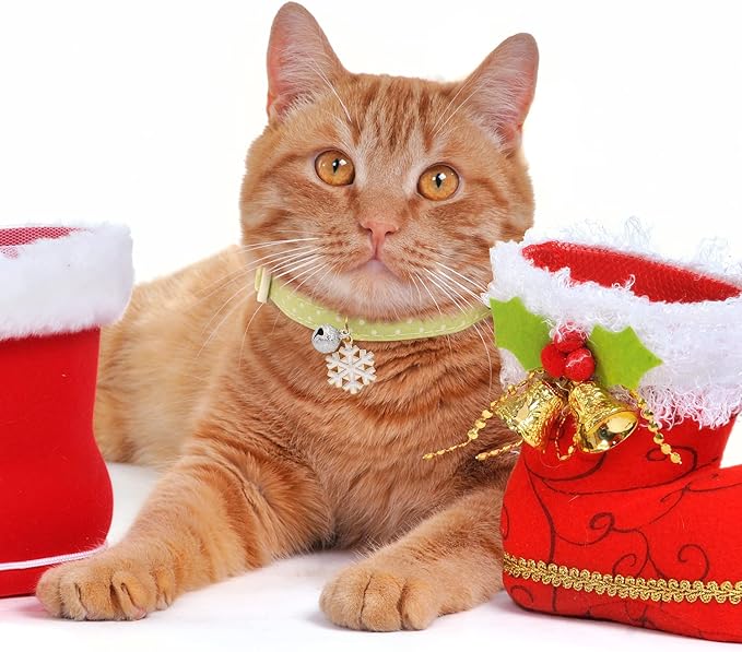 2 Pack Cotton Breakaway Cat Collar with Bell Green&Blue White Snowflake Pendant Cute Kitten Cat Collar Suitable for Girls and Boys