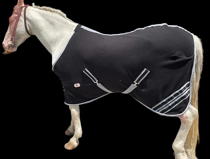 Majestic Ally Anti Pill Fleece Horse Blanket/Sheet with Silver Braided Rope (Black, 78)