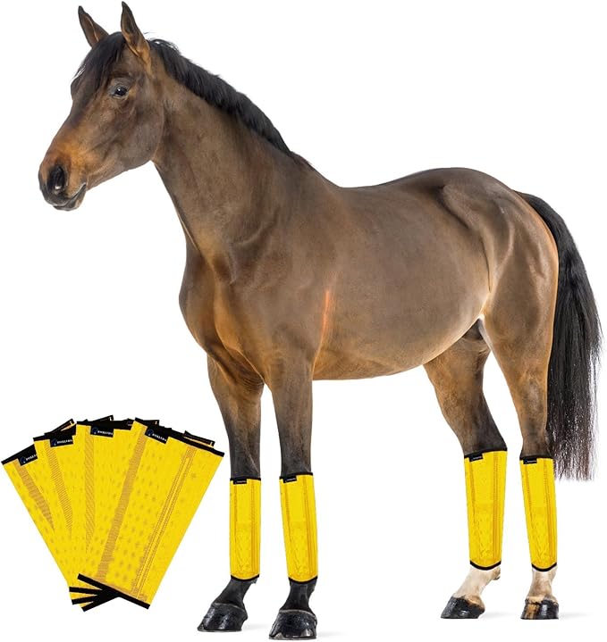 FOXLVDA Horse Fly Boots - Fly Boots for Horses Set of 4, Comfortable Horse Leggings, Mesh Material Design with Metal Support Bars for Reduces Stomping & Leg Fatigue (Yellow, Large)
