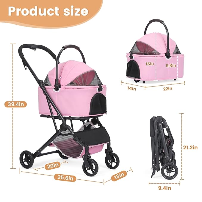 Wedyvko Dog Stroller, Carrier, Car Seat & Pet Stroller for Small Dogs, Max Load 33 lbs with Dog Poop Bags & Dispenser, Basket and Cup Holder (Pink)