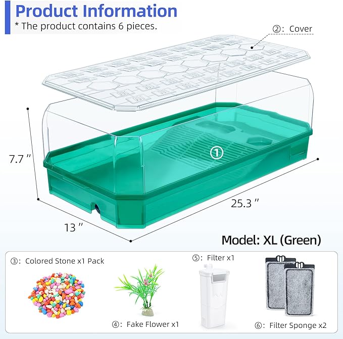 Turtle cage Tortoise Terrarium with Pump＆Filter with Shower Function Easy to Change Water and Clean Water for Turtle Horned Frog Hermit Crab Green, XL