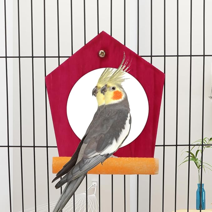 Bird Parrot Mirror Toy with Perch Parrot Parakeet Budgies Cockatiel Conure Finch Lovebird African Grey Macaw Amazon Cockatoo Birdcage Wood Stand Hanging Cage Accessories (Color Random)