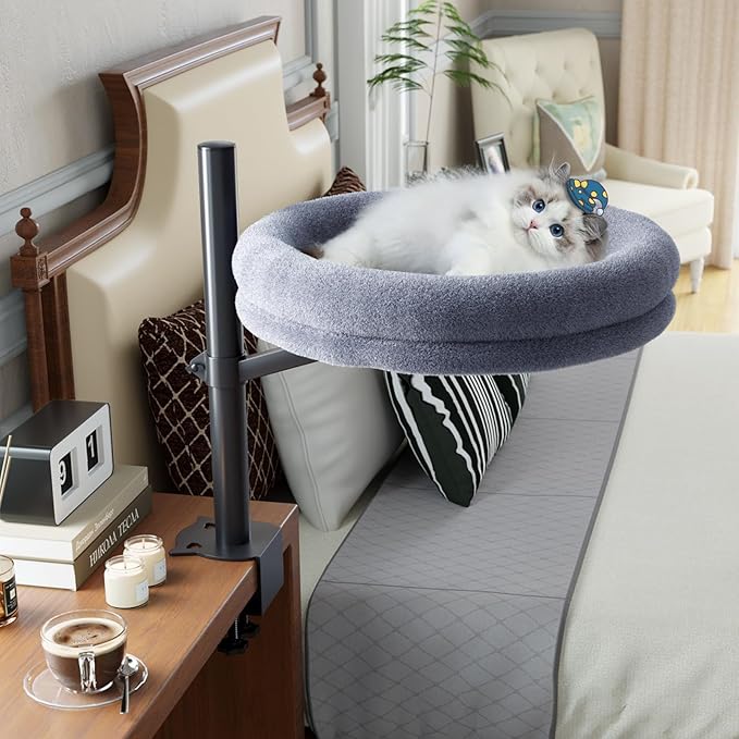 Cat Desk Bed Desktop Large Nest-Sturdy Dual Clamps Supports Up to 50 lbs,360° Adjustable Desktop Cat Perch with Soft Faux Fur Cover,Elevating Hammock for Home Office