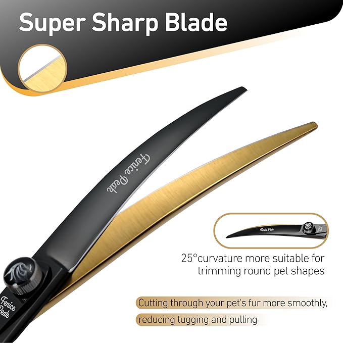 Fenice Peak 8'' Black Dog Grooming Scissors Goldern Curved Scissors with Ergonomic Offest Handle and Pattern Screw Pet Grooming Trimming Shears Durable and Sharp 440C