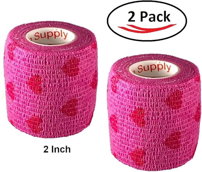 Vet Wrap Wrap Tape (Pink with Hearts) (2 Pack) (3 Inch x 15 feet) Self Adhesive Adherent Adhering Cohesive Flex Self Stick Bandage Grip Roll Dog Cat Pet Horse