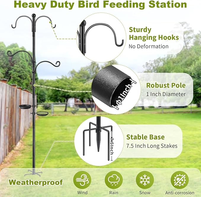 Bird Feeder Poles, Bird Feeding Station with Water Bowl and Birds Seed Tray, 88 Inch Shepherds Hooks for Outdoor Heavy Duty, 1-Inch Dia Humming Birds Feeder Stand Hanger Post with 4 Hooks