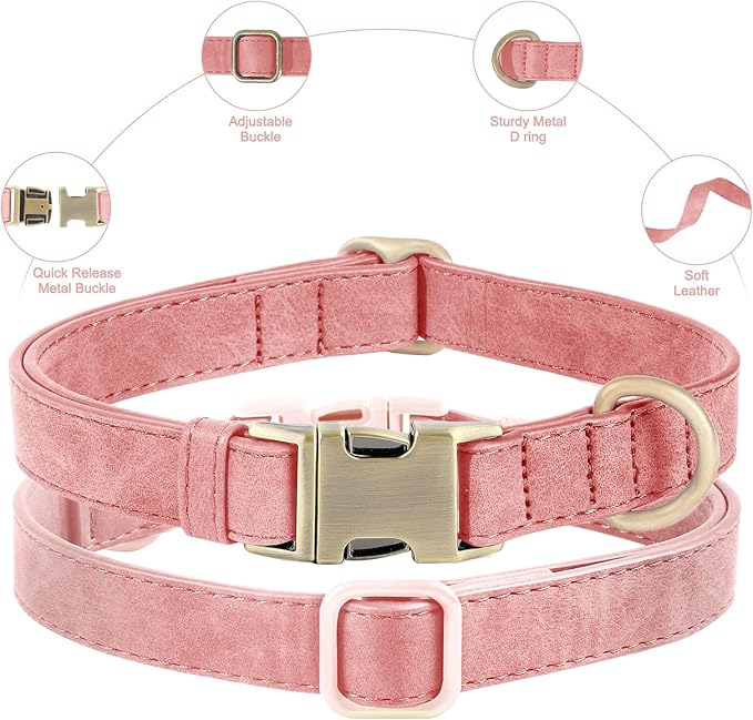 Genuine Leather Dog Collar - Adjustable Pet Collar with Quick Release Metal Buckle, Soft Skin Friendly Real Leather Collar for Small, Medium, Large Dogs (Pink Collar + Rope, S：Fit 8-16" Neck)