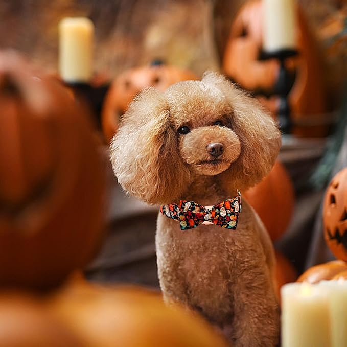 Fall Dog Collar, Leaf Pumpkin Print Adjustable Pet Collar Cute Cotton Soft Collars with Bow Tie Metal Buckle Holiday Puppy Collars Boy&Girl Gift for Medium Dogs