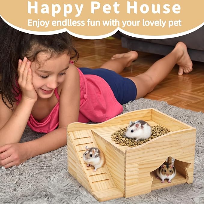 Guinea Pig Wood House, 11.8 x 9.4 x 6.7 Inch Hamster Hideout Castle with Stairs and Window, Small Animals Bed Hut Habitats, Ideal for Chinchillas Dwarf Mice Gerbils Playing Hiding