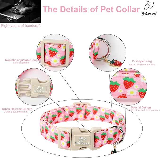 Cute Spring/Summer Dog Collar, Adjustable Pink Strawberry Dog Collars for Small Dogs, Lightweight Quick-Release Buckle Collar for Boy&Girl Dogs S