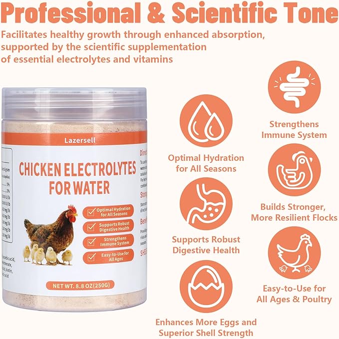 Chicken Electrolyte for Water, Ideal for Hydration, Immunity, Digestive Health, Chicken Vitamins, Electrolytes, and Probiotics, Multipurpose Poultry Vitamins for Chickens, Ducks, Turkeys, 8.8 OZ