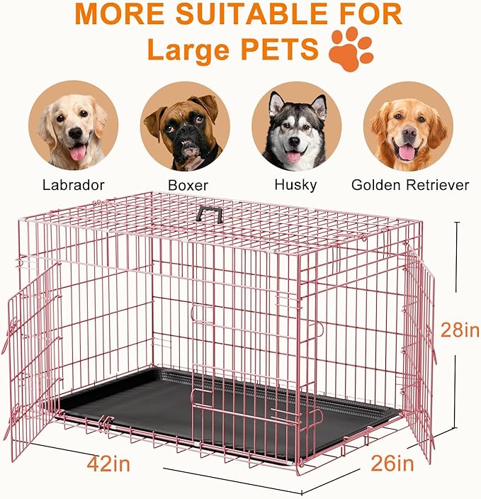 FDW Large Dog Crate 42inch Dog Cage Foldable Metal Kennel with Leakproof Tray Foldable Design Indoor Outdoor Use for Large Dogs,Pink
