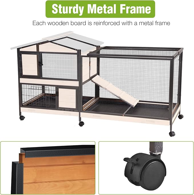 Gutinneen 2-Story Rabbit Hutch Indoor Bunny Cage Large Rabbit Cage Outdoor with Chew-Proof Full Metal Frame, Locking Wheels, 2 Pull-Out Trays for Rabbits, Guinea Pigs, Small Animals (Brown & Black)