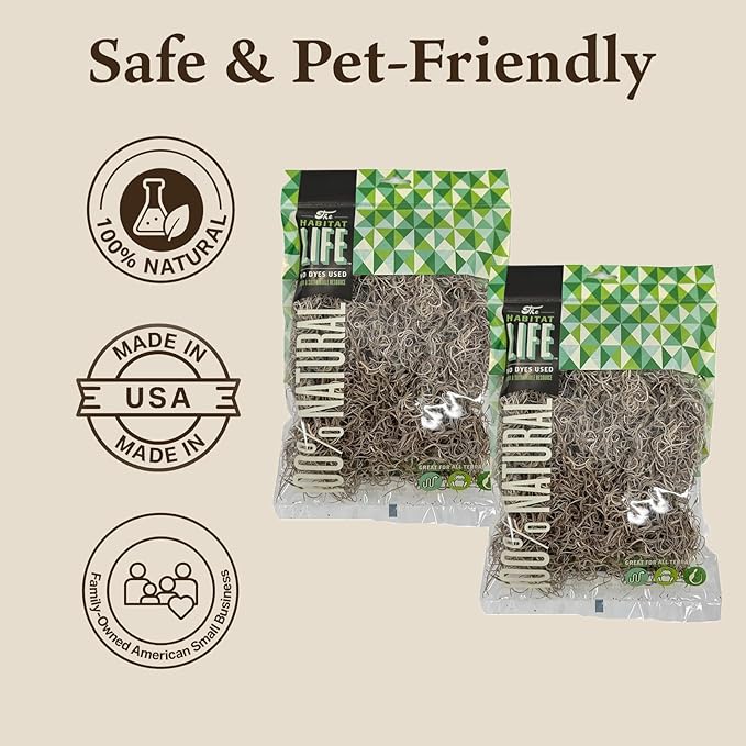 The Habitat Life - Natural Spanish Moss - for Reptiles, Amphibians & Invertebrates Terrariums - Humidity Control - Breathable Bedding - Dye-Free & Safe - Small - 2 Pack