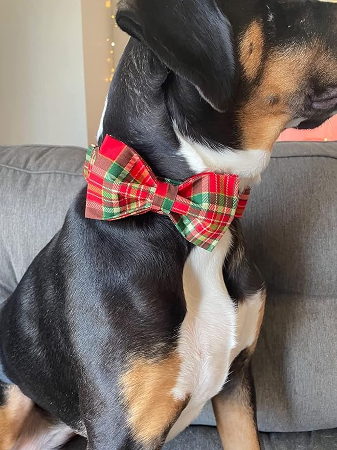 Dog Collar - Christmas Red Plaid Dog Collars Bowtie Gift Puppy Cute Soft Collar with Bow Adjustable Metal Buckle Pet Collar for Small Dogs