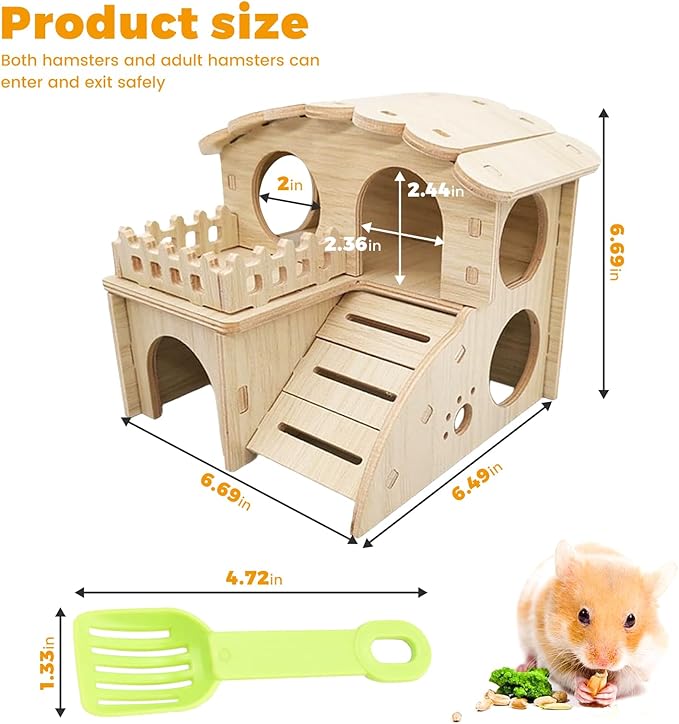 Wooden Dwarf Hamster House, Hamster Tiny House Hideout, Hamster Maze House, Large Balcony Lookout Holes, Easy to Assemble, Detachable Parts, Secure Hideaway, D