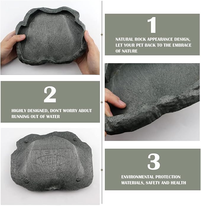 Reptile Water Dish Bowl Resin Rock Reptile Food and Water Feeder Pet Aquarium Ornament Terrarium Plate for Tortoise Lizard (Drak Green Large)