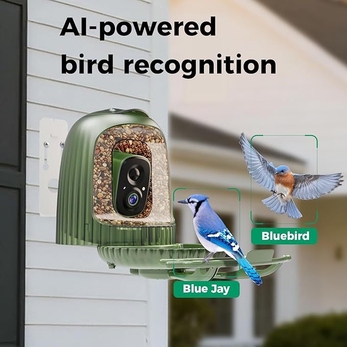 HIXX Smart Bird Feeder with Camera, AI Bird Identifier & 4MP Color Night Vision, Exclusive Vertical View Mode, Squirrel-Deterrent Design, Solar Light for Nature Lovers (White Light)