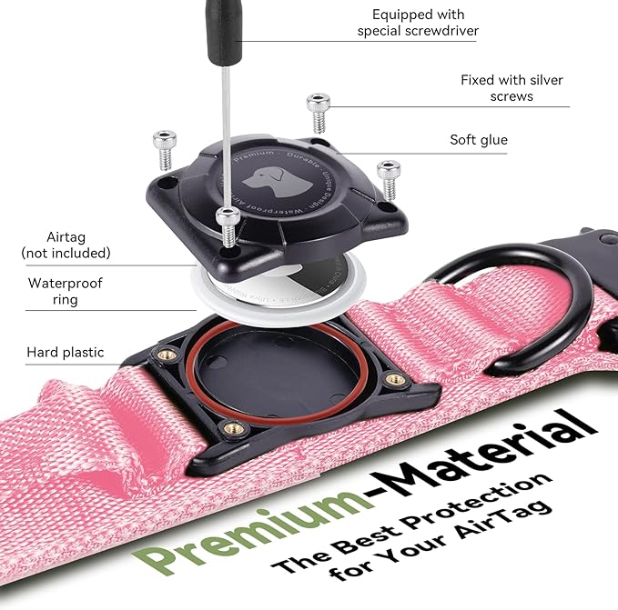 2025 Upgrade Waterproof AirTag Dog Collar, Military Tactical Dog Collar with AirTag Holder, Comfortable Control Handle and Metal Buckle, GPS Dog Collar Holder for Medium to Large Dogs (Pink, XL)