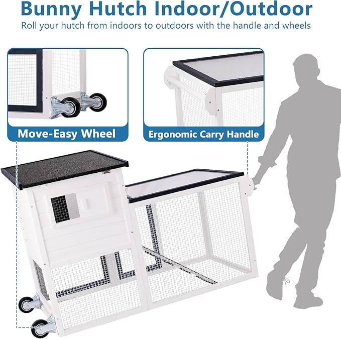 Rabbit Hutch Indoor Bunny Cage Outdoor Chicken Coop with Wire Floor Slide Out Tray, Chew-Resistant Ramp & Entrance Openable Waterproof Roof & UV-Resistant Roof Handle Wheels