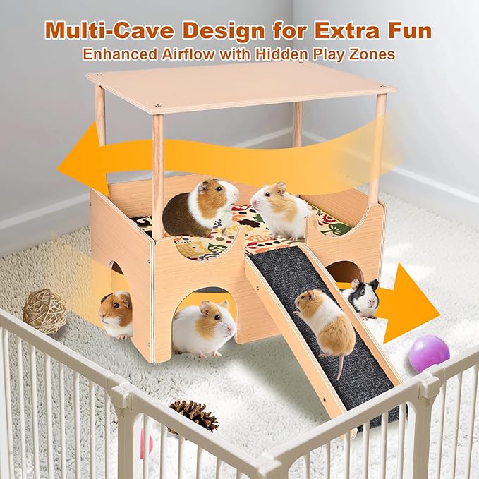 Large Wooden Guinea Pig Hideout, 2-Story Guinea Pig Castle with Non-Slip Stairs and Double-Sided Mat, Multi-Cave Design Small Animal House for Dwarf Hamsters, Sugar Gliders, Bunnny Habitat