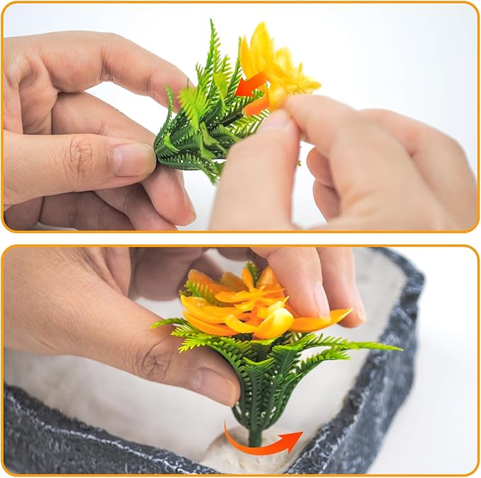 Reptile Food Bowl with Artificial Plant,Rock Reptile Water Dish Bearded Dragon Feed Terrariums Dish for Snake Tortoise Chameleon Hermit Crabs Turtle Leopard Gecko Frog