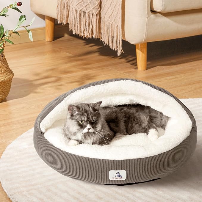 Covered Cat Bed Cave for Small Cats Dogs Washable Hooded Self Warming Cat Bed 23 inches Anti-Slip Round Fluffy Kitten Puppy Bed Noiseless Security Cat Cave Bed with Removable Cushion, Gray