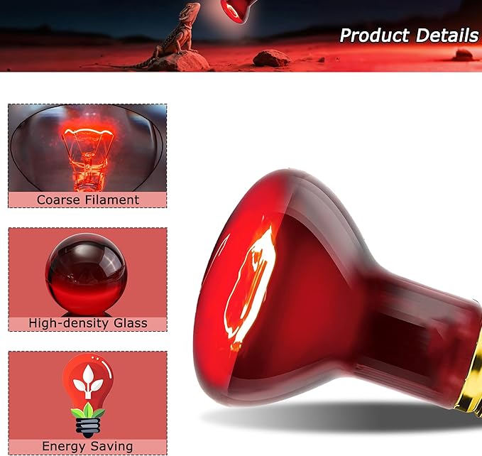 Reptile Red Heat Bulb 75W – Infrared Night Lamp for Lizards and Snakes, 2000H Lifespan, E26 Socket