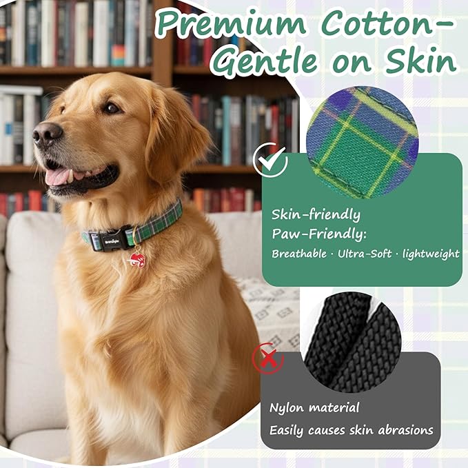 Dog Collar with Dark Green Striped Checkered for Spring Summer, Adjustable Cotton Puppy Collar for Small Medium Large Girl Boy Dogs-L