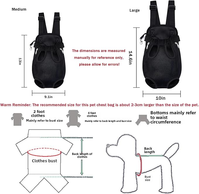 Pet Carrier Backpack, Adjustable Pet Front Carriers for Small Medium Dogs Cats 5-18 Lbs, Legs Out, Dog Cat Carrier Backpack for Hiking,Camping,Traveling,Cycling (Black, Medium（Fit:5-10lb）)