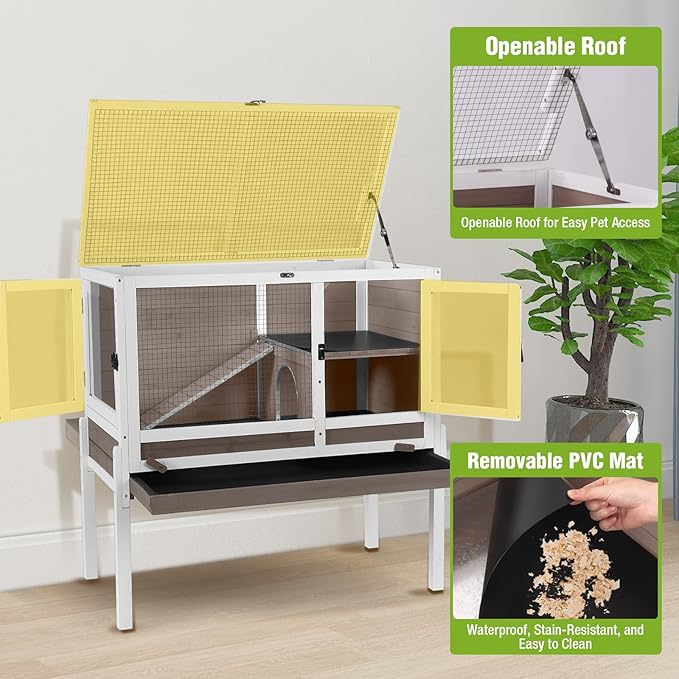 Indoor Rabbit Hutch Guinea Pig Cages with Chew-Proof Ramp, 2-Story Wooden Bunny House with Pull-Out Tray & Leakproof PVC Layer, Small Animal Cage with Detachable Legs (Brown)