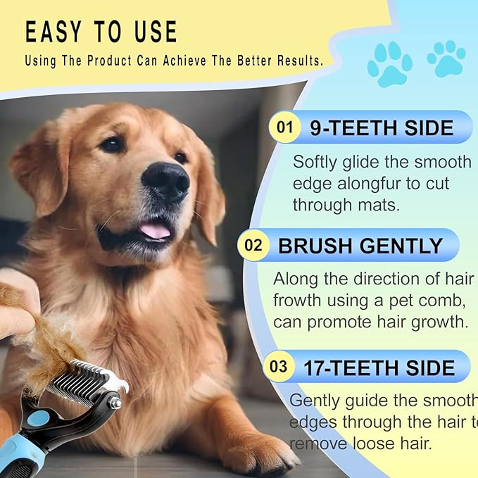 Pet Grooming Rake for Dogs & Cats - Double-Sided Deshedding and Dematting Tool, Gently Remove 95% of Loose Undercoat & Mats for Long-Haired Pets, Painless Fur Brush for Shedding Control (M)