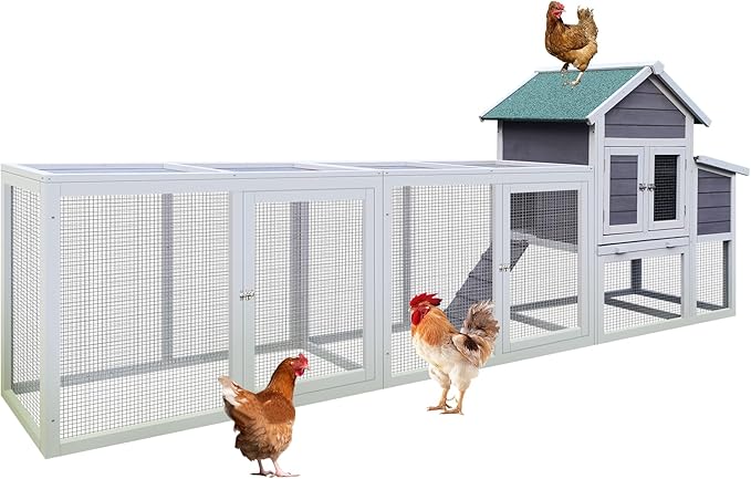 Gray Wooden Chicken Coop with Run and Nesting Box – Outdoor Hen House for 3–4 Chickens, Weatherproof Roof, Sliding Tray & Secure Predator-Proof Poultry Cage