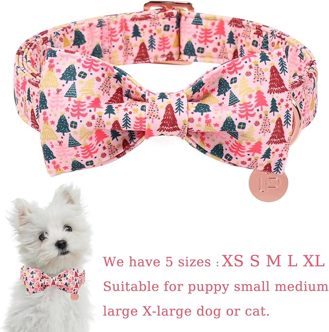 Christmas Dog Collar with Bow Tie, Pink Christmas Tree Collars for Dogs, Adjustable Pet Collar with Cute Xmas Tree Pendant, Winter Dog Accessories for Small Medium Large Dogs L