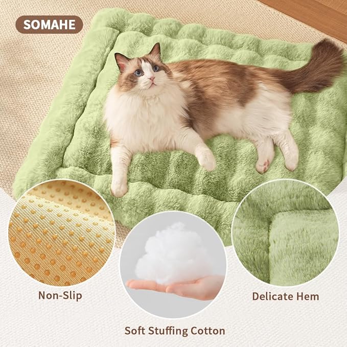 Cat Beds for Indoor Cats Faux Fur Pet Mat Cute Kitten Plush Bed with Non-Slip Bottom for Carriers/Sofa Dog & Puppy Friendly 27 x 20 Inch Large Green