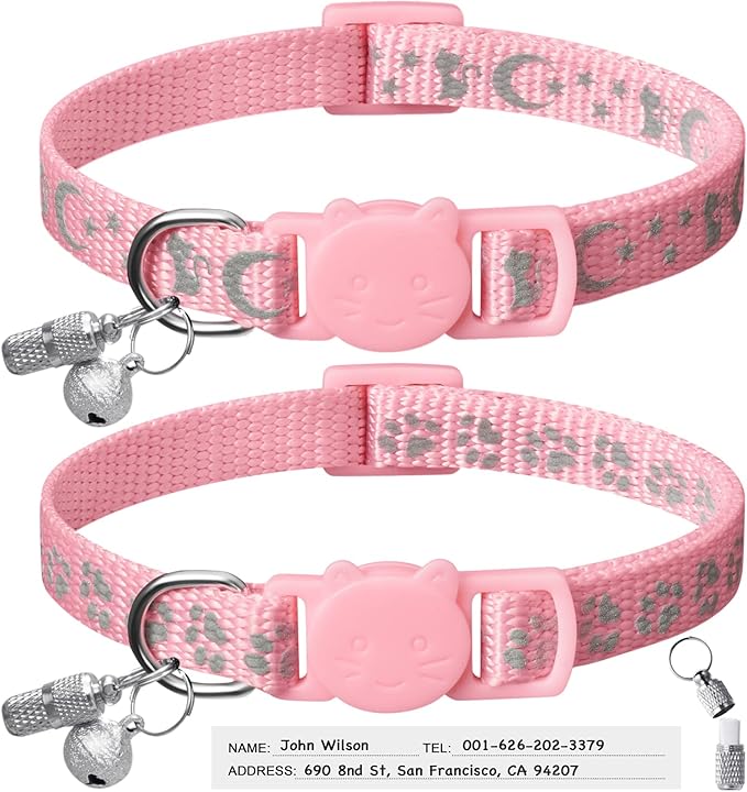 LLHK 2 Pack Breakaway Cat Collars & 2 Pcs Name Tags,Reflective Safety Kitten Collar with Bell,for Girl Boy Male Cats,Adjustable 7''-12'', Personalized ID Tag,Pet Supplies,Accessories
