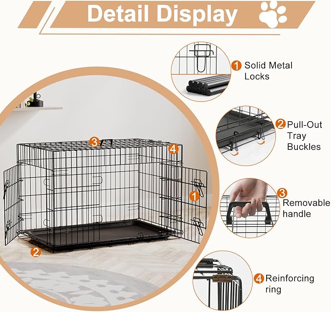 FDW Dog Crate 36inch Dog Cage Foldable Metal Kennel with Leakproof Tray Foldable Design Indoor Outdoor Use for Medium Dogs,Black