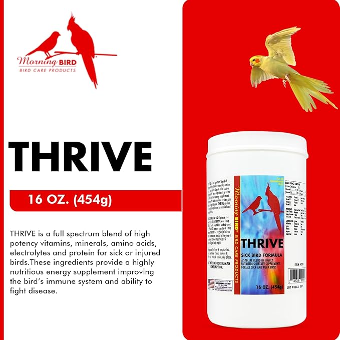 Morning Bird Thrive 16 Oz - Multi-Vitamin Bird Supplement Designed for Immune and Recovery Support - Formulated for Sick or Injured Birds - Protein Supplement and Energy Booster for All Adult Birds